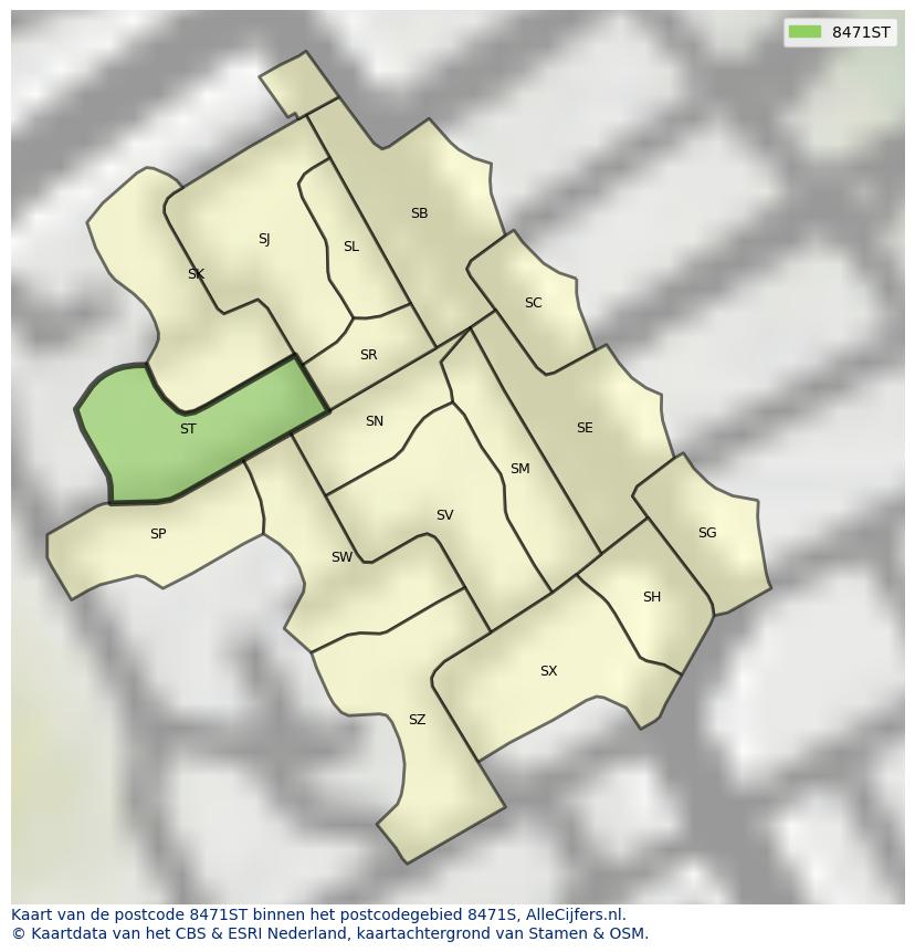 Afbeelding van het postcodegebied 8471 ST op de kaart.