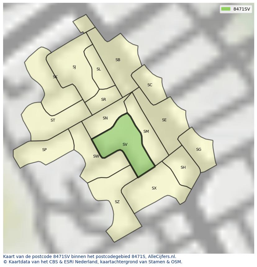 Afbeelding van het postcodegebied 8471 SV op de kaart.