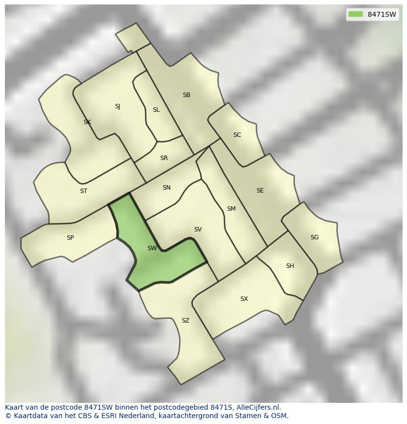 Afbeelding van het postcodegebied 8471 SW op de kaart.