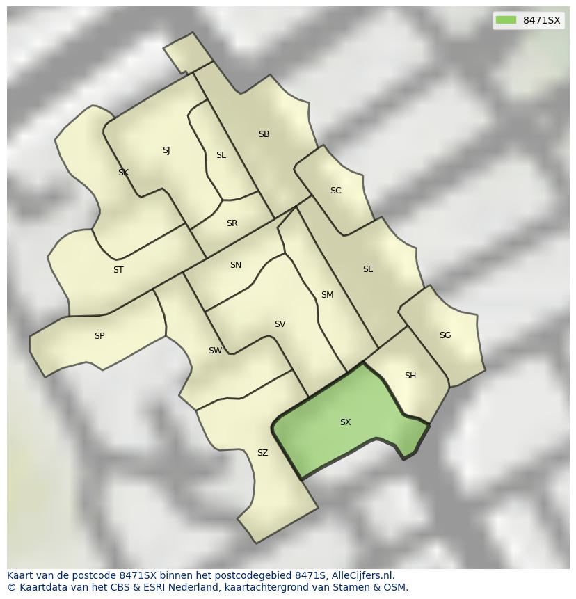 Afbeelding van het postcodegebied 8471 SX op de kaart.