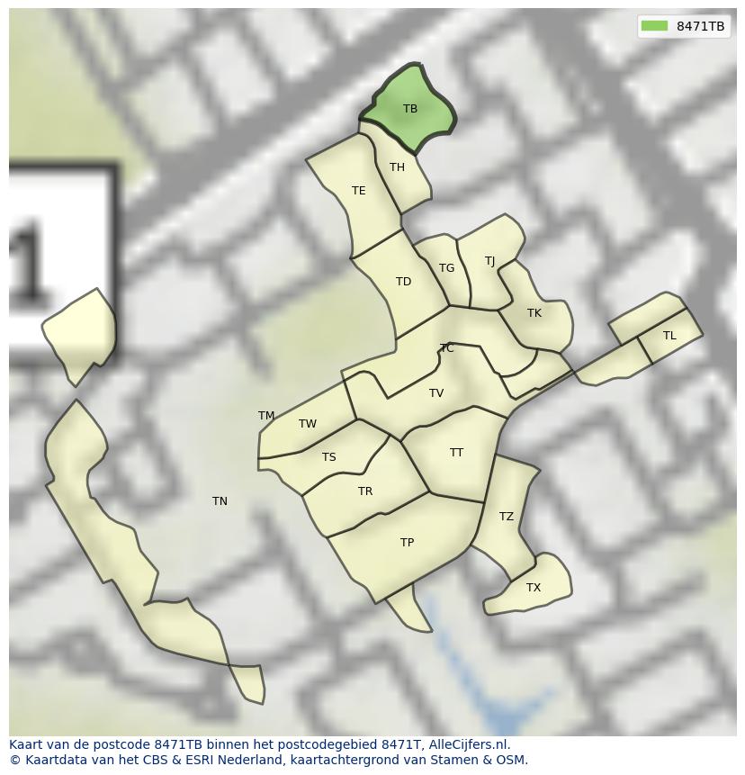 Afbeelding van het postcodegebied 8471 TB op de kaart.