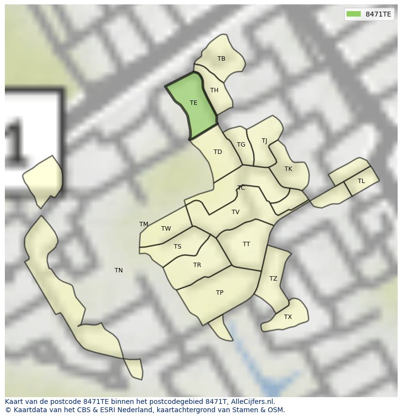 Afbeelding van het postcodegebied 8471 TE op de kaart.
