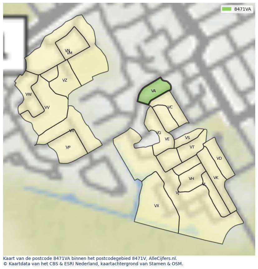 Afbeelding van het postcodegebied 8471 VA op de kaart.