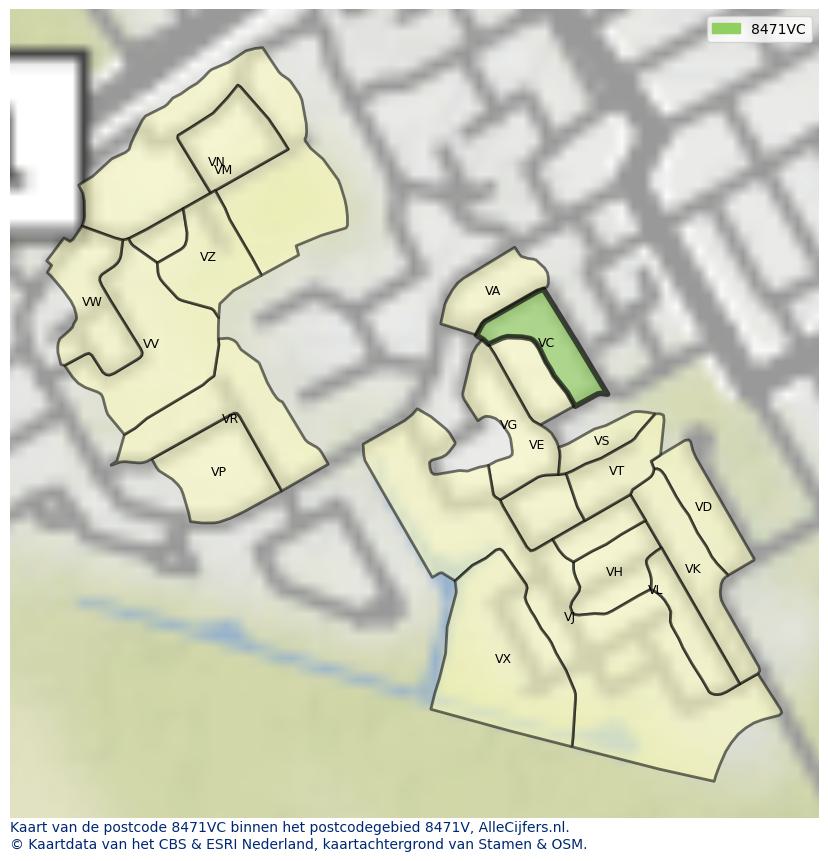 Afbeelding van het postcodegebied 8471 VC op de kaart.