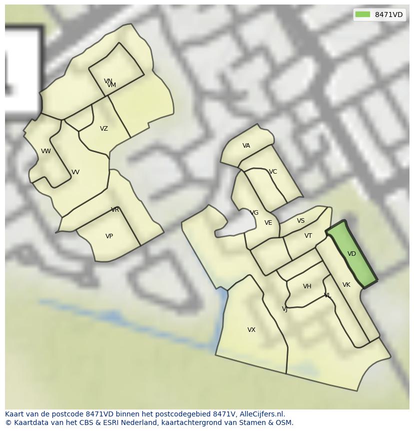 Afbeelding van het postcodegebied 8471 VD op de kaart.