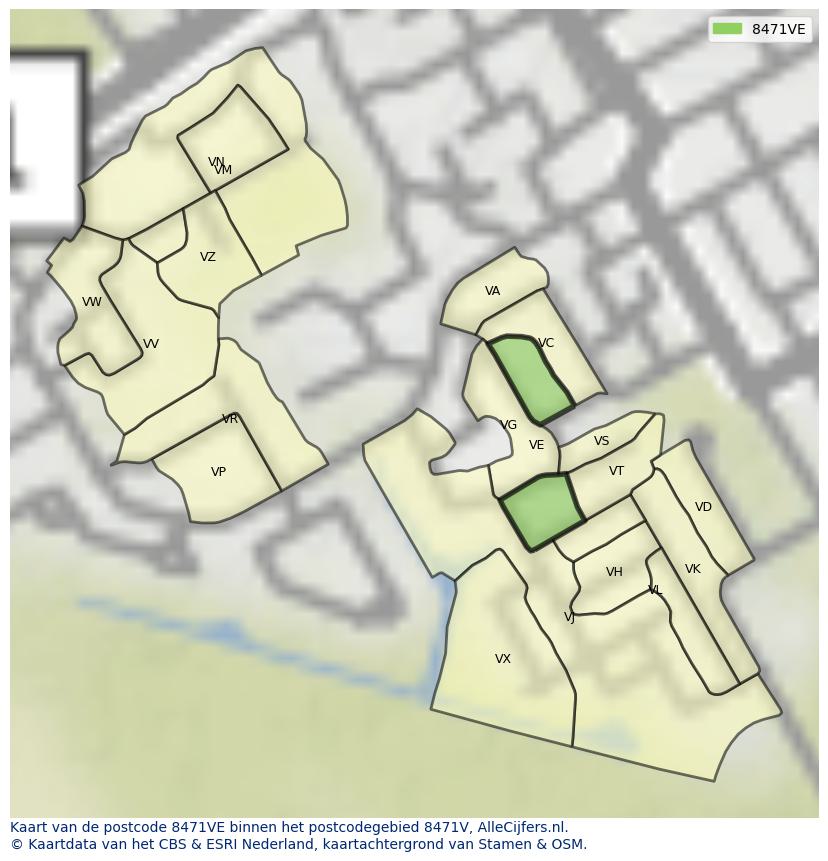 Afbeelding van het postcodegebied 8471 VE op de kaart.