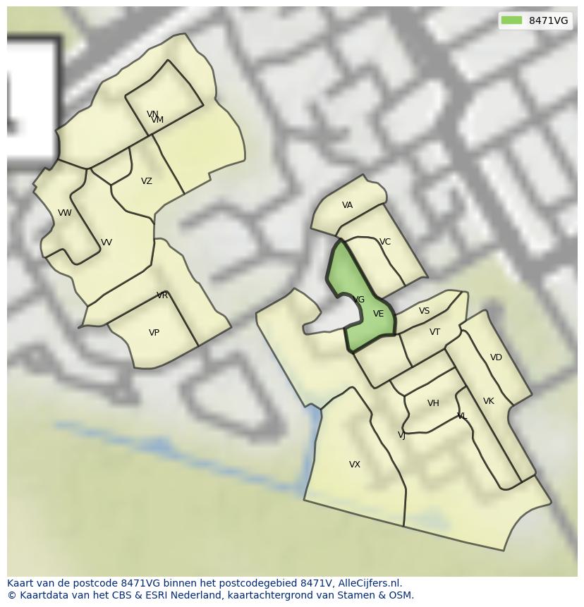 Afbeelding van het postcodegebied 8471 VG op de kaart.