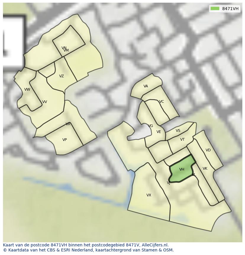 Afbeelding van het postcodegebied 8471 VH op de kaart.