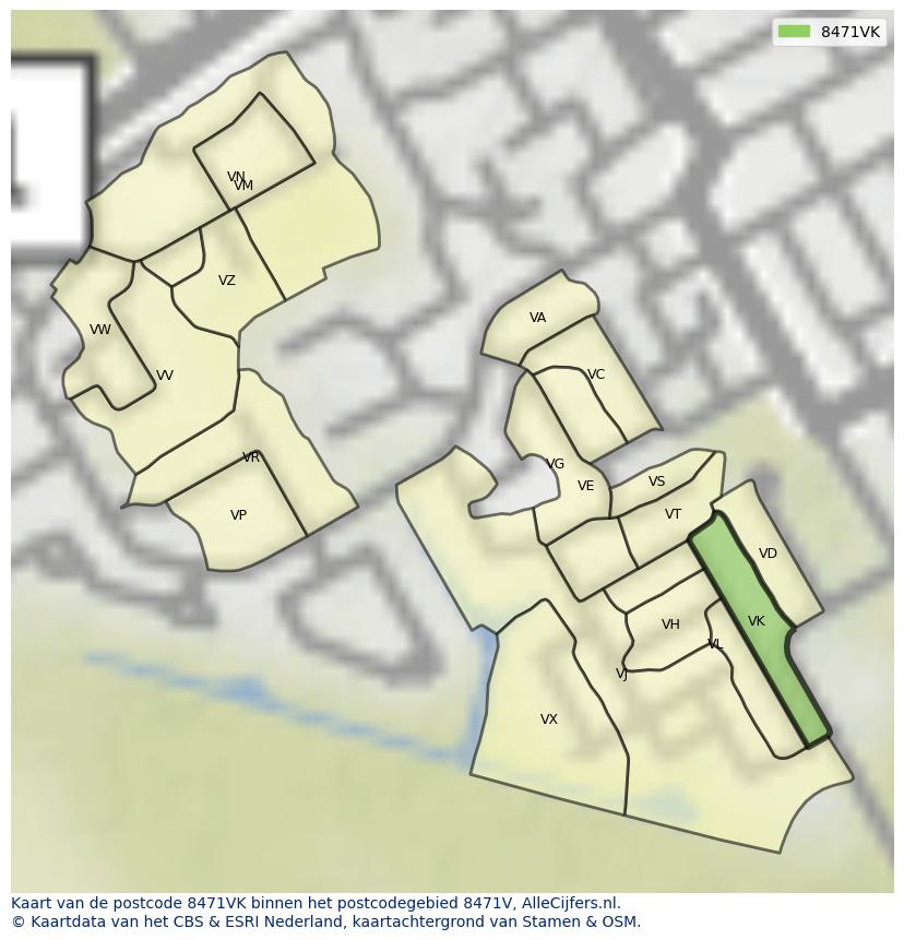 Afbeelding van het postcodegebied 8471 VK op de kaart.