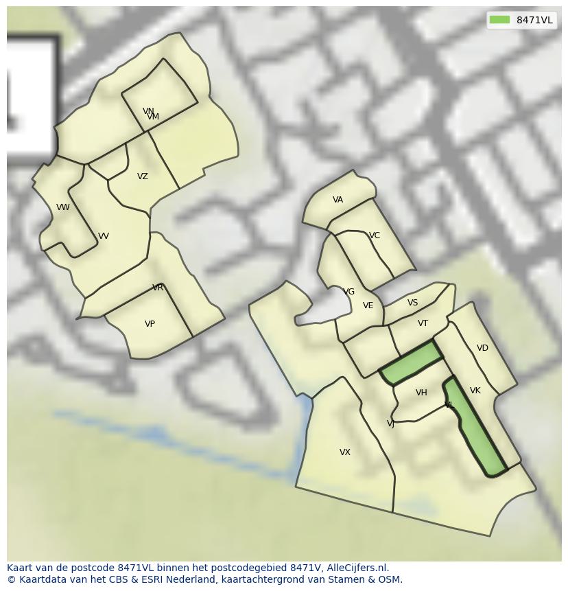 Afbeelding van het postcodegebied 8471 VL op de kaart.