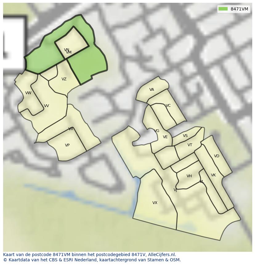 Afbeelding van het postcodegebied 8471 VM op de kaart.