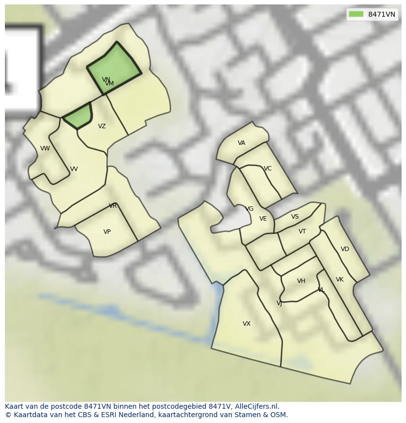 Afbeelding van het postcodegebied 8471 VN op de kaart.