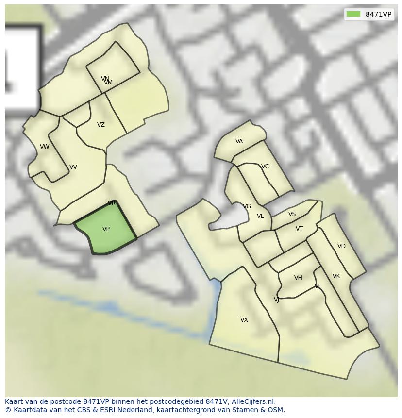 Afbeelding van het postcodegebied 8471 VP op de kaart.