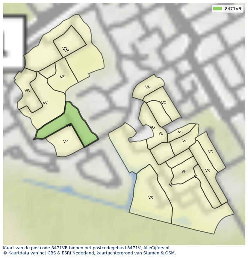 Afbeelding van het postcodegebied 8471 VR op de kaart.