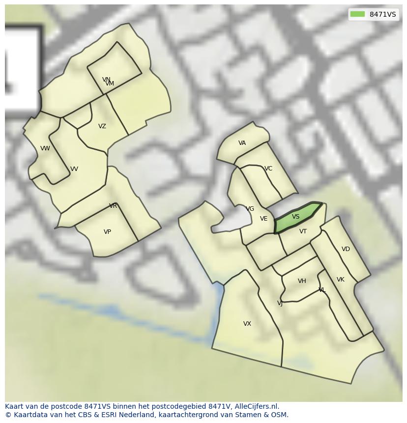 Afbeelding van het postcodegebied 8471 VS op de kaart.