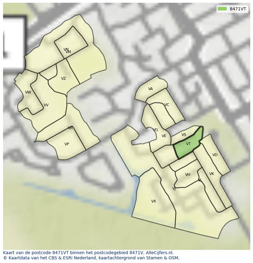 Afbeelding van het postcodegebied 8471 VT op de kaart.