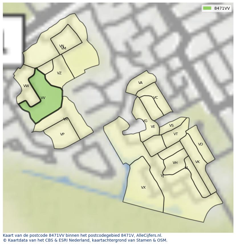 Afbeelding van het postcodegebied 8471 VV op de kaart.