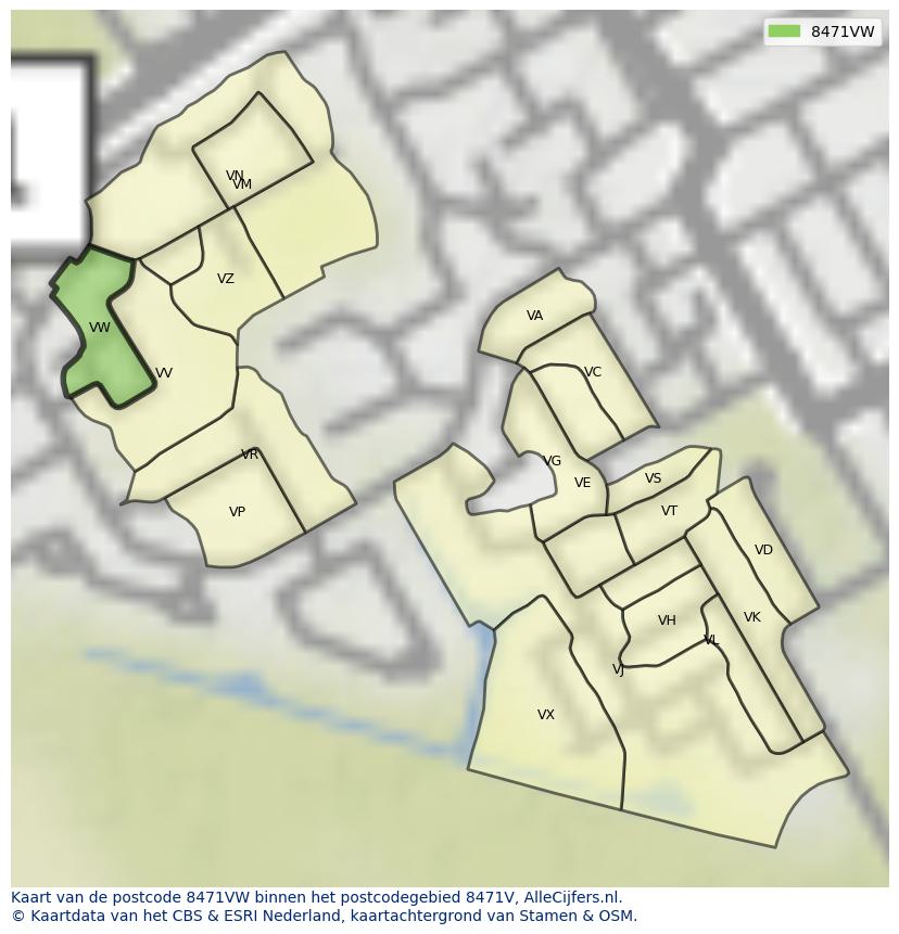 Afbeelding van het postcodegebied 8471 VW op de kaart.