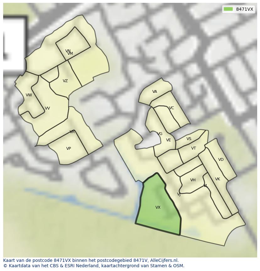 Afbeelding van het postcodegebied 8471 VX op de kaart.