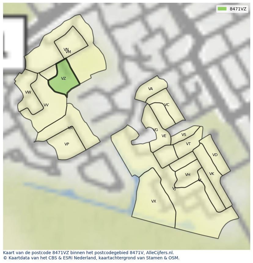 Afbeelding van het postcodegebied 8471 VZ op de kaart.