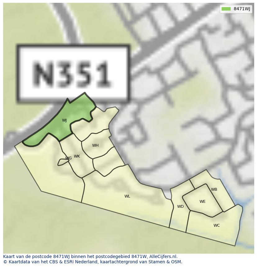 Afbeelding van het postcodegebied 8471 WJ op de kaart.