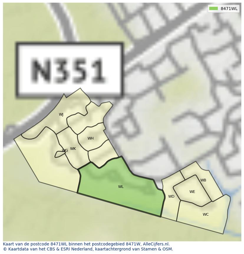 Afbeelding van het postcodegebied 8471 WL op de kaart.