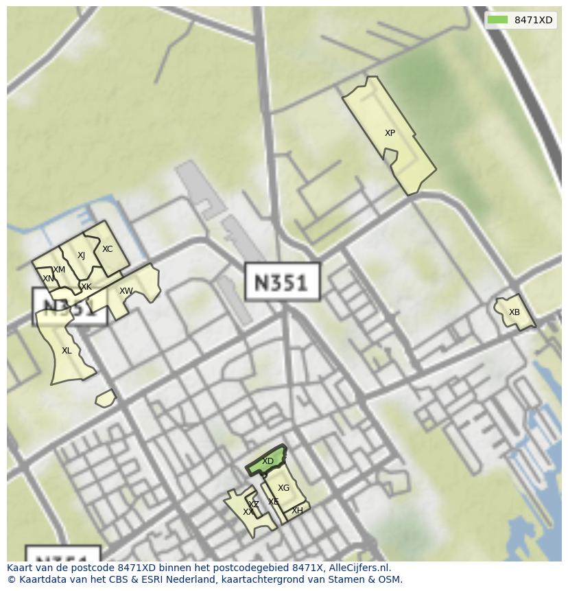 Afbeelding van het postcodegebied 8471 XD op de kaart.