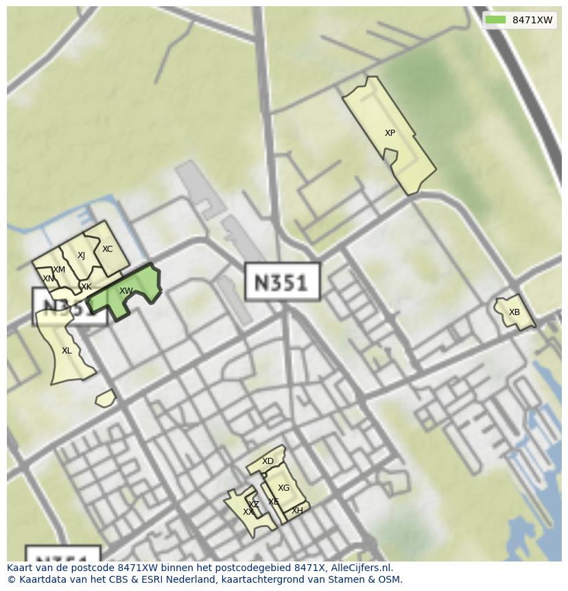 Afbeelding van het postcodegebied 8471 XW op de kaart.