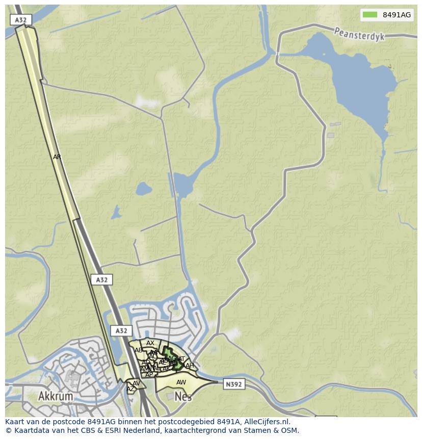 Afbeelding van het postcodegebied 8491 AG op de kaart.
