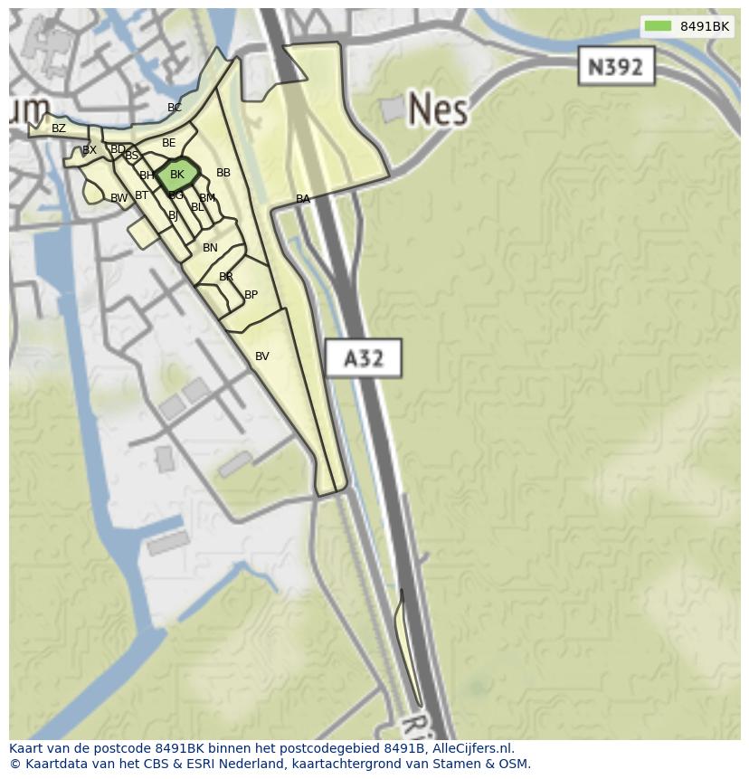 Afbeelding van het postcodegebied 8491 BK op de kaart.