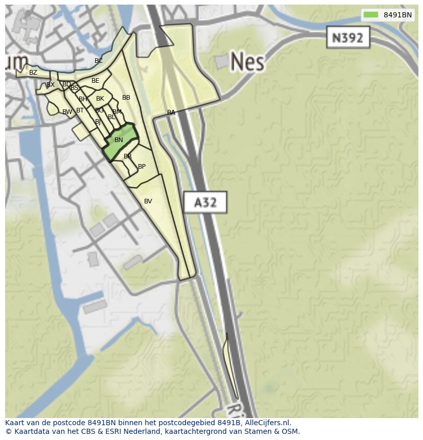 Afbeelding van het postcodegebied 8491 BN op de kaart.