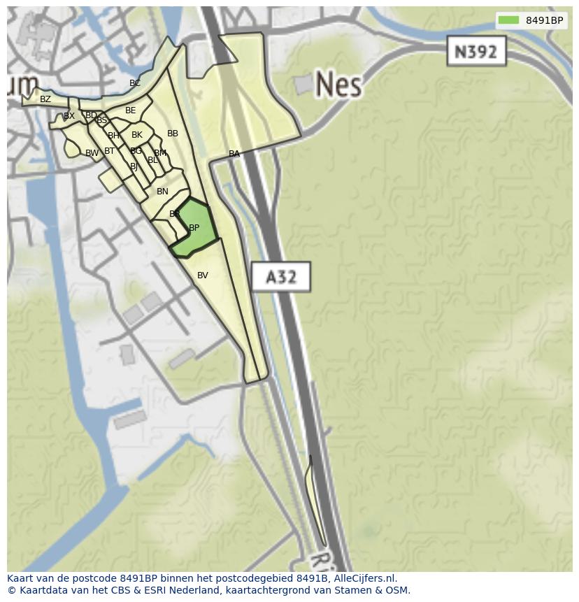 Afbeelding van het postcodegebied 8491 BP op de kaart.