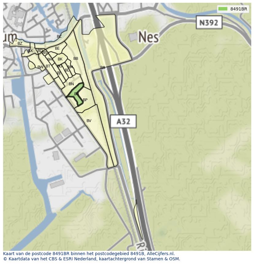 Afbeelding van het postcodegebied 8491 BR op de kaart.