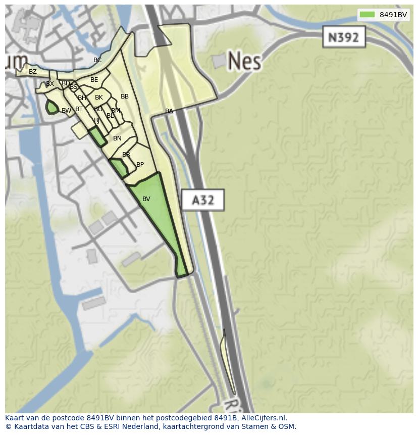Afbeelding van het postcodegebied 8491 BV op de kaart.