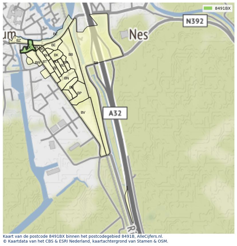Afbeelding van het postcodegebied 8491 BX op de kaart.
