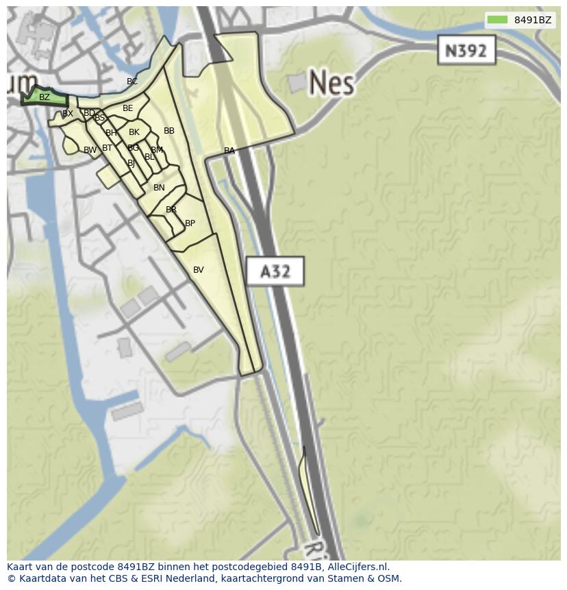 Afbeelding van het postcodegebied 8491 BZ op de kaart.