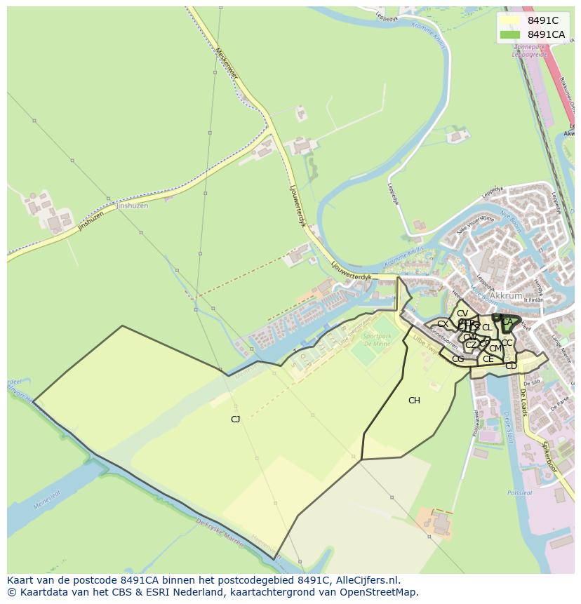 Afbeelding van het postcodegebied 8491 CA op de kaart.
