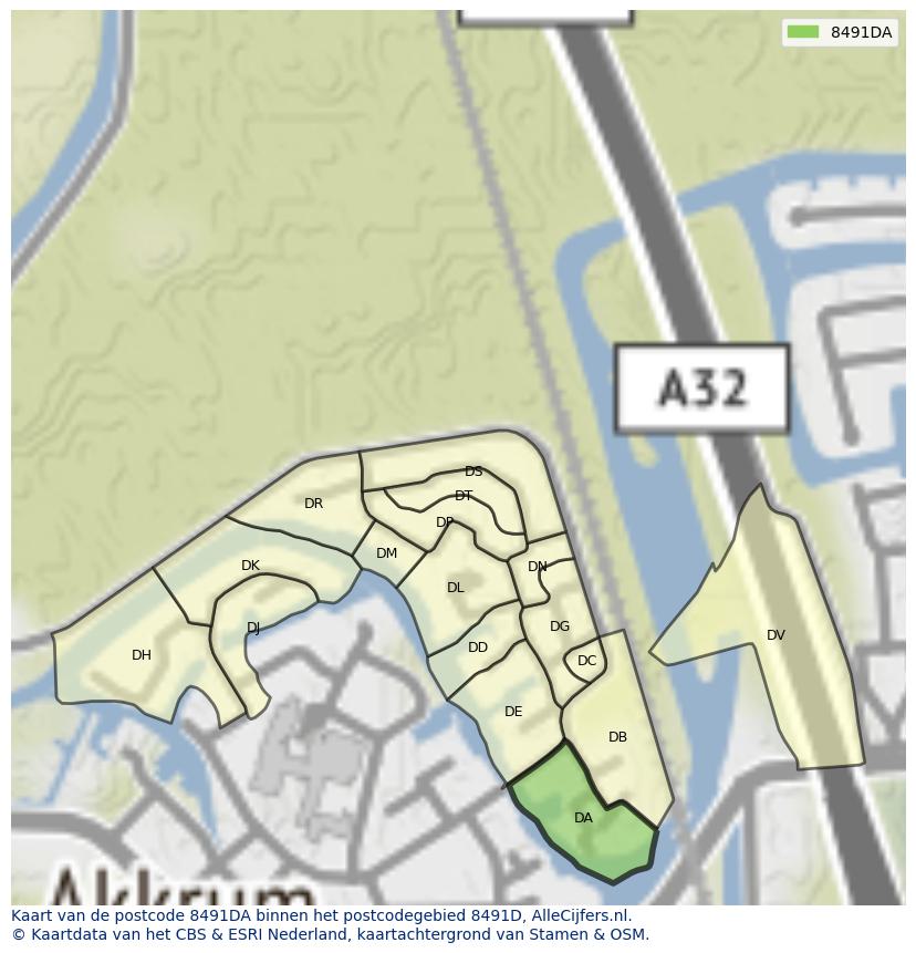 Afbeelding van het postcodegebied 8491 DA op de kaart.