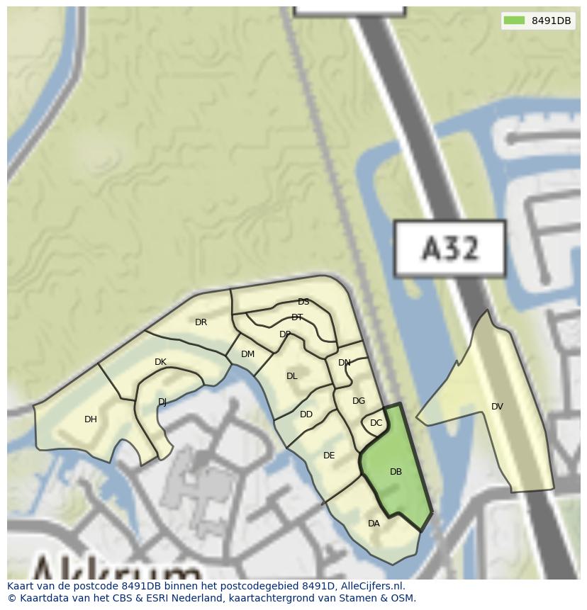 Afbeelding van het postcodegebied 8491 DB op de kaart.