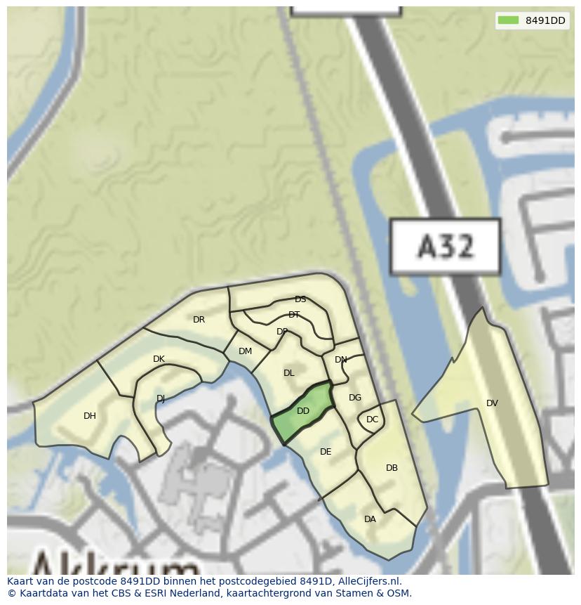 Afbeelding van het postcodegebied 8491 DD op de kaart.