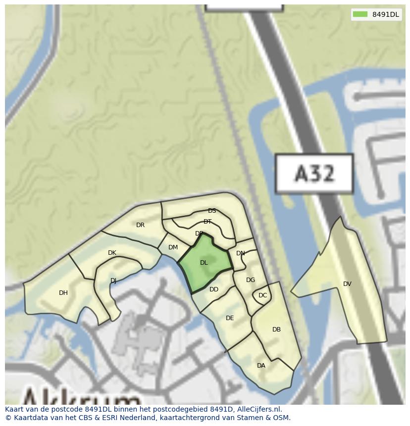 Afbeelding van het postcodegebied 8491 DL op de kaart.