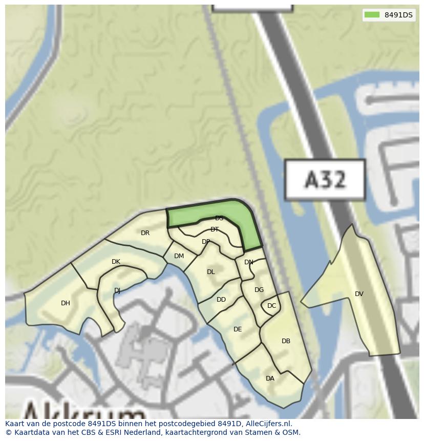 Afbeelding van het postcodegebied 8491 DS op de kaart.