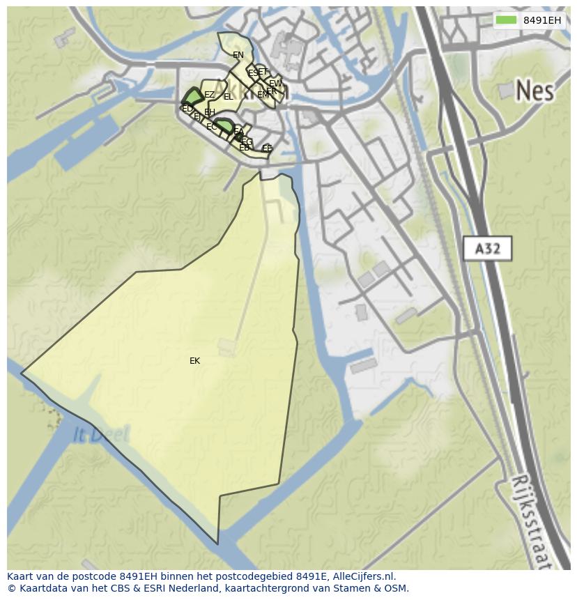 Afbeelding van het postcodegebied 8491 EH op de kaart.