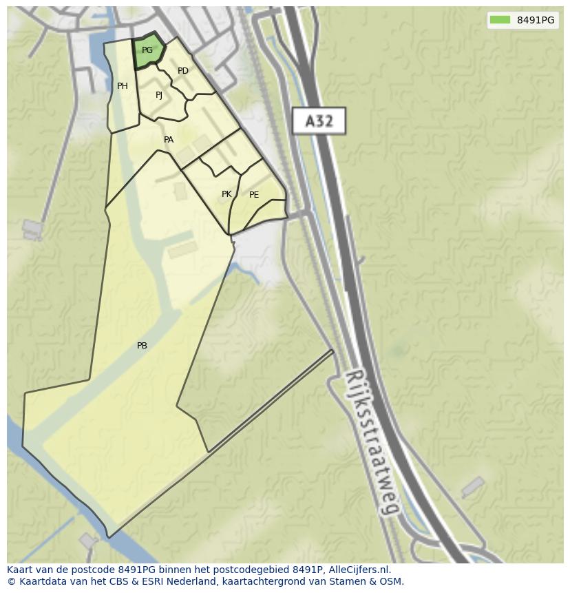Afbeelding van het postcodegebied 8491 PG op de kaart.