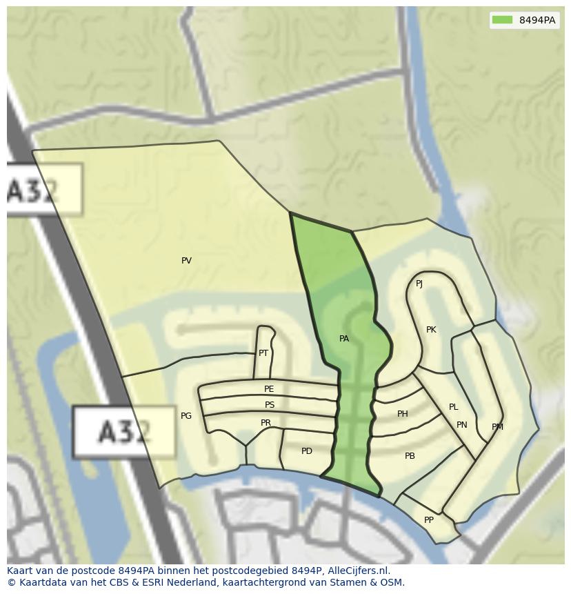 Afbeelding van het postcodegebied 8494 PA op de kaart.