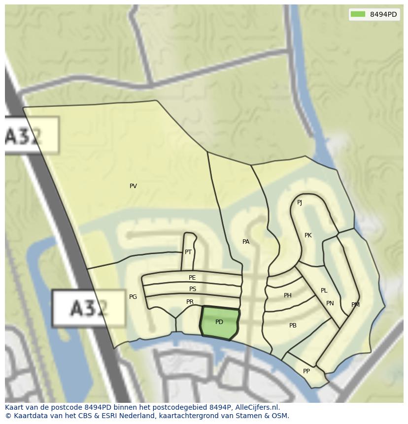 Afbeelding van het postcodegebied 8494 PD op de kaart.