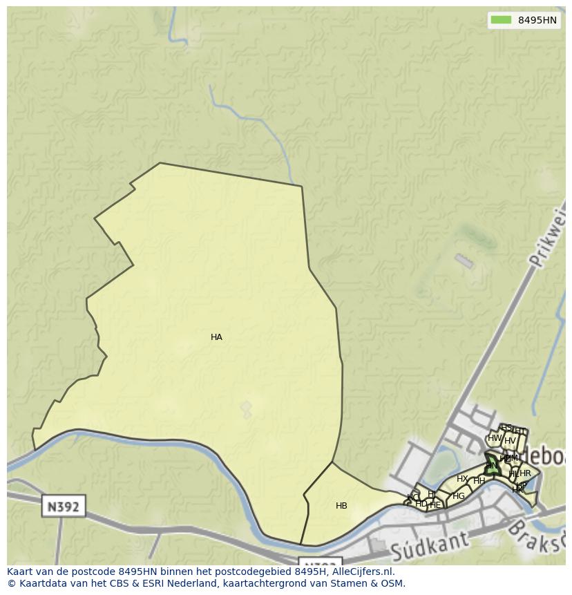 Afbeelding van het postcodegebied 8495 HN op de kaart.