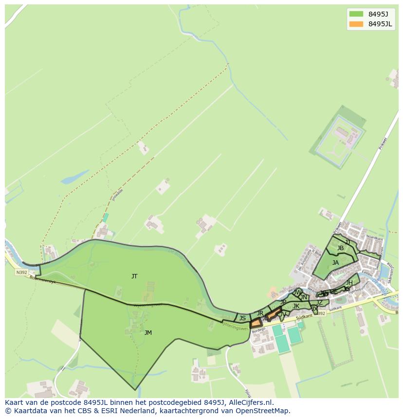 Afbeelding van het postcodegebied 8495 JL op de kaart.