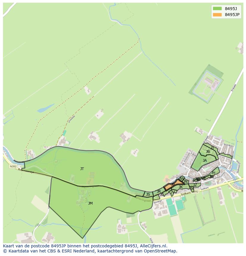 Afbeelding van het postcodegebied 8495 JP op de kaart.