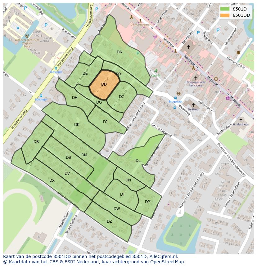 Afbeelding van het postcodegebied 8501 DD op de kaart.